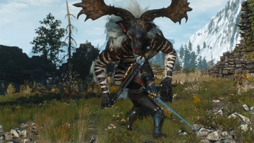 A Moose With Horns Is Standing In A Field With A Sword GIF