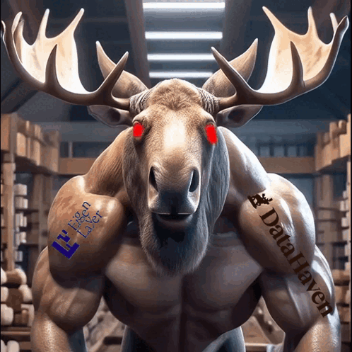 A Moose With Red Eyes And A Datahaven Logo On Its Arm GIF