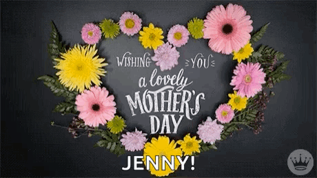 A Mother 'S Day Card With A Heart Made Of Flowers On A Black Background . GIF