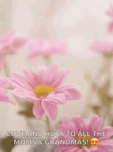 A Mother 'S Day Card With Pink Flowers And The Words " Love And Hugs To All The Moms & Grandmas " GIF