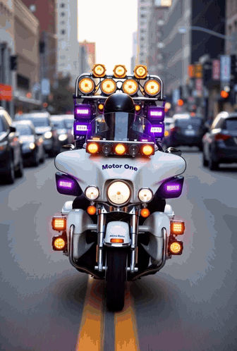 A Motor One Motorcycle Is Driving Down A Busy City Street GIF