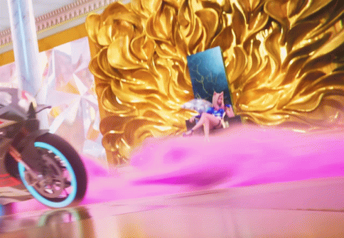 A Motorcycle Is Driving Past A Woman Sitting On A Pink Surface GIF