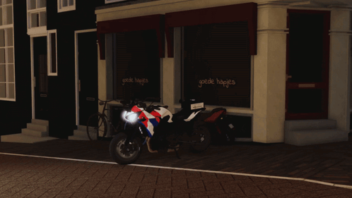 A Motorcycle Is Parked In Front Of A Store That Says " Goede Hapjes " GIF