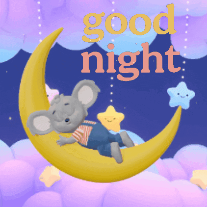 A Mouse Is Sleeping On A Crescent Moon With The Words " Good Night " Below It GIF