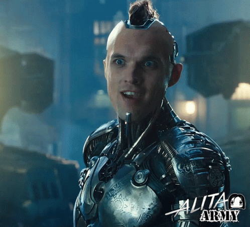 A Movie Poster For Alita Army Shows A Man With A Mohawk On His Head GIF