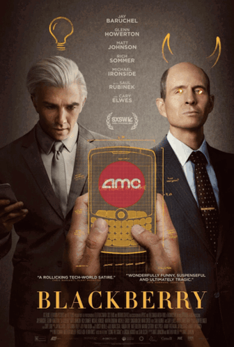 A Movie Poster For Blackberry Shows Two Men Holding A Cell Phone GIF
