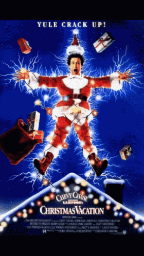 a movie poster for chevy chase 's christmas vacation shows a man in a santa suit surrounded by christmas lights
