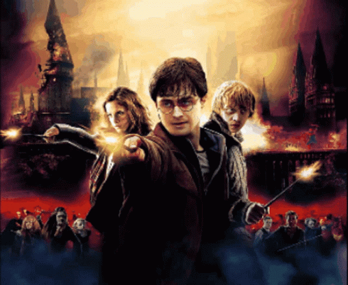 A Movie Poster For Harry Potter And The Deathly Hallows With A Castle In The Background GIF