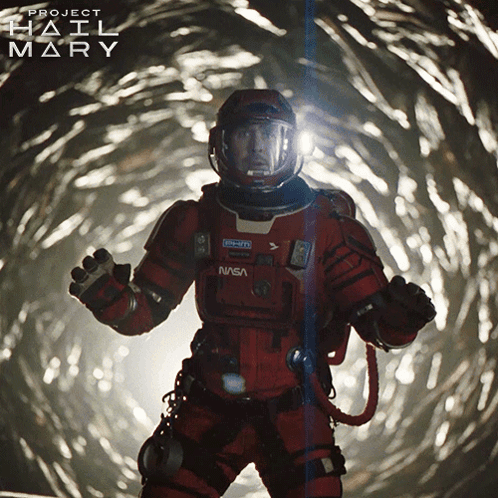 A Movie Poster For Project Hail Mary Shows A Man In A Space Suit GIF
