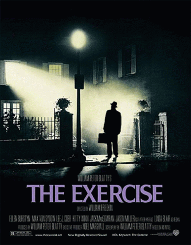 A Movie Poster For The Exercise Shows A Man With A Briefcase Standing In Front Of A House GIF