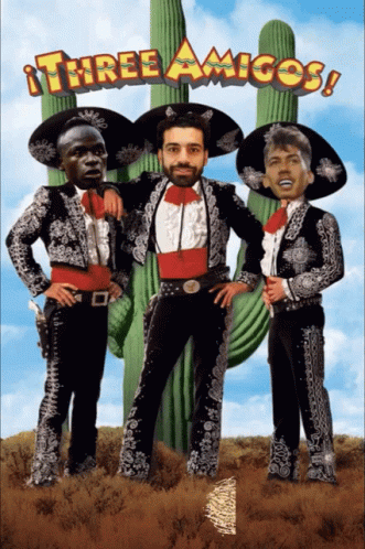 A Movie Poster For Three Amigos Shows Three Men In Mariachi Costumes GIF