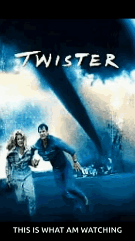 A Movie Poster For Twister With A Man And Woman Running From A Tornado GIF