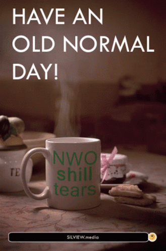 A Mug That Says " Have An Old Normal Day " Sits On A Table GIF
