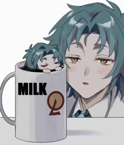 A Mug That Says Milk On It Next To A Man GIF