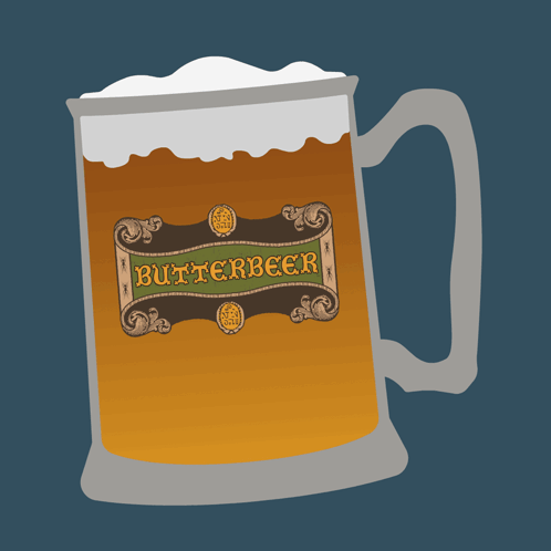 A Mug With A Label That Says " Butterbeer " GIF