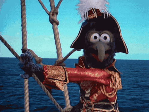 a muppet wearing a pirate costume is standing on a boat