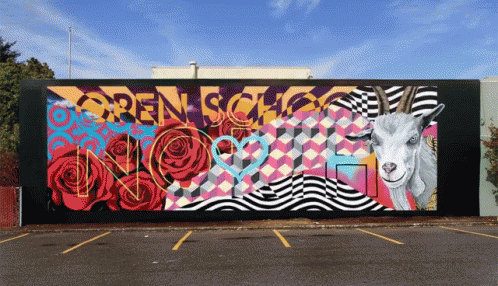 A Mural Of A Goat And Roses With The Words Open School On It GIF