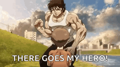 A Muscular Man Is Kneeling Down Next To A Young Boy And Saying `` There Goes My Hero ! '' GIF