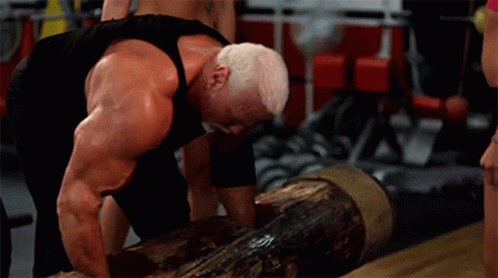 A Muscular Man Is Lifting A Log In A Gym . GIF