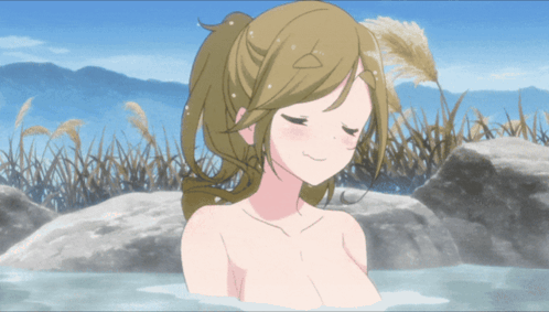 A Naked Anime Girl Is Taking A Bath In The Water GIF