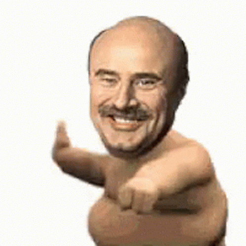 A Naked Man With A Mustache Is Pointing At The Camera While Smiling . GIF