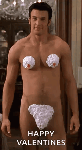 A Naked Man With Whipped Cream On His Breasts And A Happy Valentines Message GIF