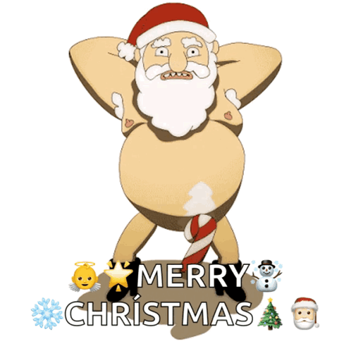 A Naked Santa Claus With A Candy Cane In His Pants And The Words Merry Christmas Below Him GIF