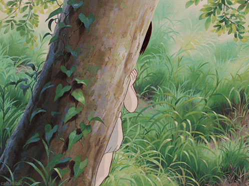 A Naked Woman Is Hiding Behind A Tree In A Painting By Callumbal GIF