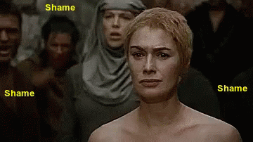 A Naked Woman Stands In Front Of A Group Of People With The Words Shame And Shame Above Her GIF