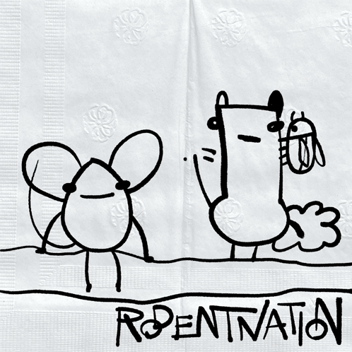 A Napkin With A Drawing Of A Dog And A Fly And The Words Rodentnation On It GIF