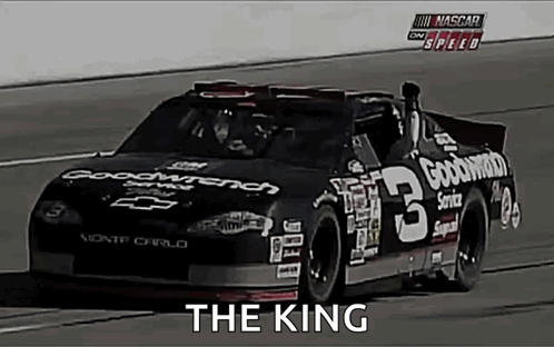 a nascar race car is driving down a track and says the king
