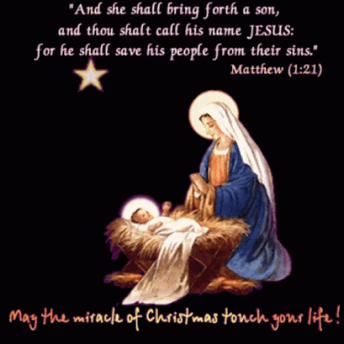 A Nativity Scene With A Bible Verse From Matthew GIF