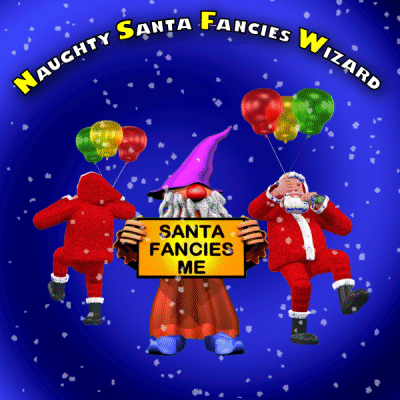 A Naughty Santa Fancies Wizard Poster With Balloons And Gnomes GIF
