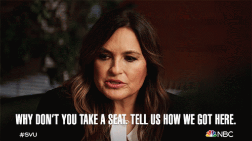 A Nbc Ad Shows A Woman Saying " Why Don T You Take A Seat Tell Us How We Got Here " GIF