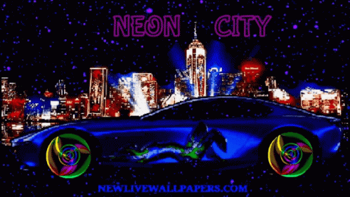 A Neon City Poster With A Car And A Woman GIF
