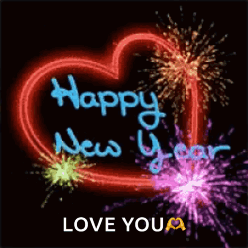 A Neon Heart With The Words Happy New Year Love You Written On It GIF