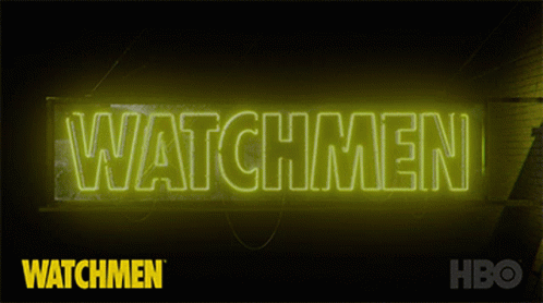 A Neon Sign For Watchmen Is Lit Up In Yellow GIF