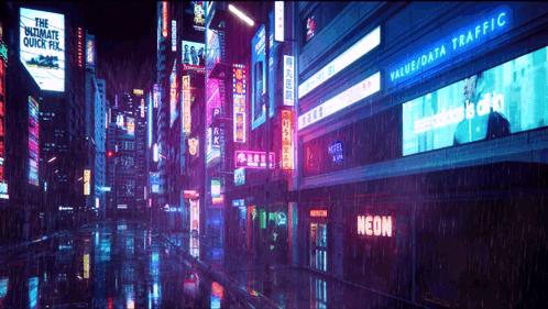 A Neon Sign Is Lit Up In The Middle Of A City GIF