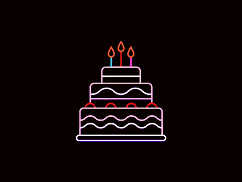 A Neon Sign Of A Birthday Cake With Three Candles On Top GIF