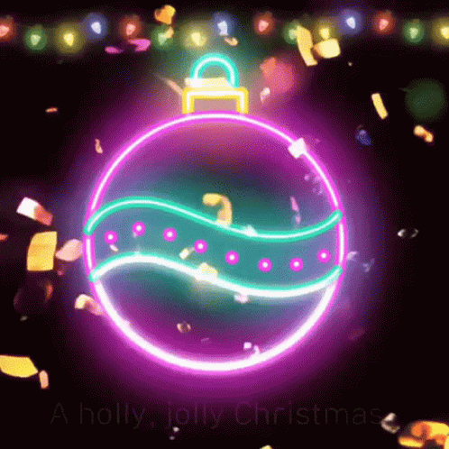 A Neon Sign Of A Christmas Ornament With The Words A Holly Jolly Christmas In The Background GIF