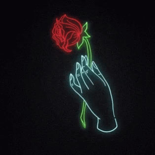 A Neon Sign Of A Hand Holding A Rose . GIF