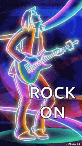 A Neon Sign Of A Man Playing A Guitar With The Words Rock On GIF