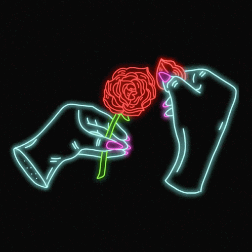 A Neon Sign Of Two Hands Holding A Red Rose GIF