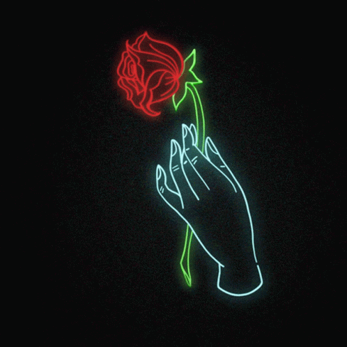 A Neon Sign Shows A Hand Holding A Rose GIF