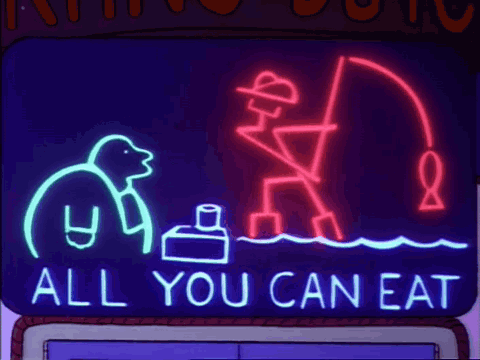 A Neon Sign That Says " All You Can Eat " On It GIF