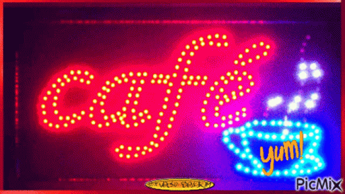 A Neon Sign That Says Cafe And A Cup Of Coffee GIF