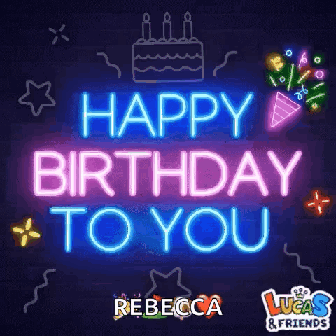 A Neon Sign That Says `` Happy Birthday To You '' With A Cake And Candles . GIF