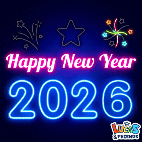 A Neon Sign That Says Happy New Year 2026 With Fireworks In The Background GIF