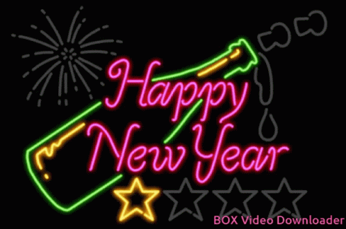 A Neon Sign That Says Happy New Year With Fireworks GIF