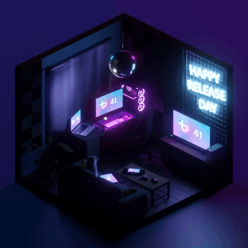 A Neon Sign That Says Happy Release Day Is Lit Up In A Dark Room GIF